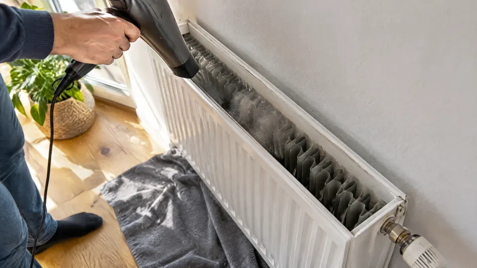 Weißer Kompaktheizkörper ohne Abdeckung: Ein Föhn bläst Staub aus den Lamellen auf ein graues Tuch am Holzboden