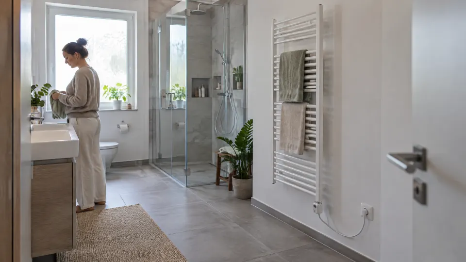 Helles Bad mit weißem Handtuchheizkörper, Heizstab unten rechts und Kabel zur Steckdose außerhalb der Dusche