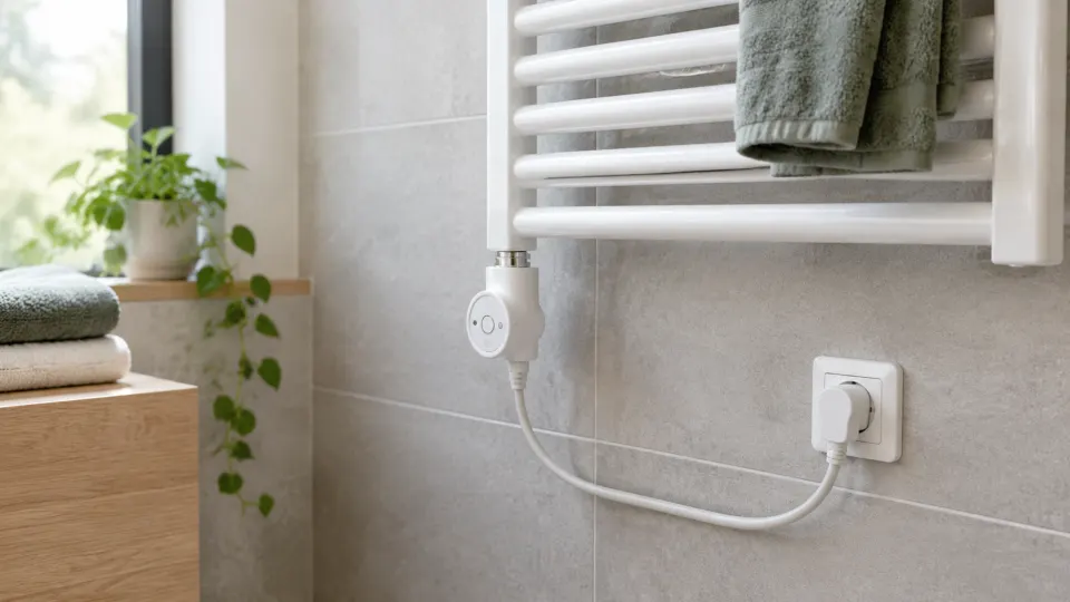 Weißer Handtuchheizkörper mit Heizstab und rundem Regler unten am Seitenrohr, das Kabel steckt in einer Wandsteckdose