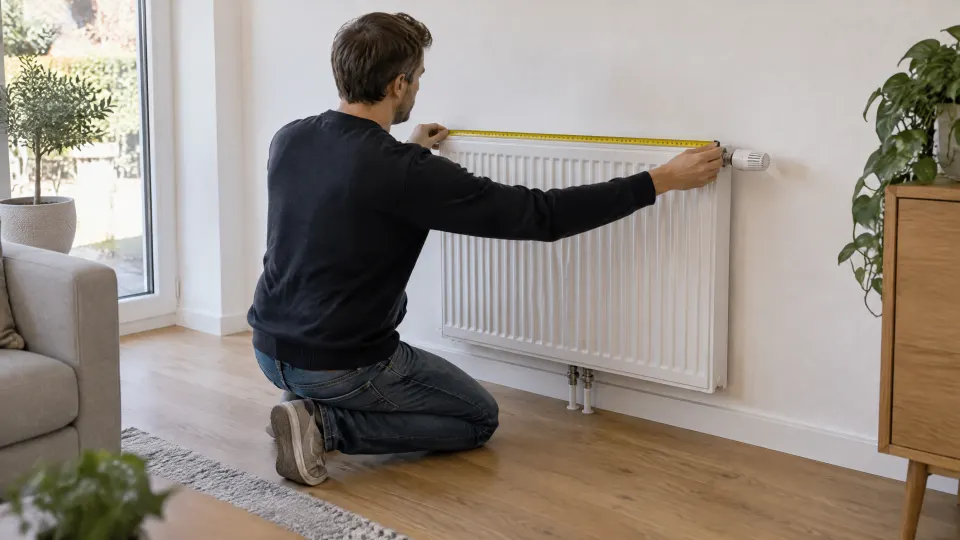 Mann kniet im Wohnzimmer und misst mit gelbem Maßband die Breite eines weißen Kompaktheizkörpers mit Thermostatkopf