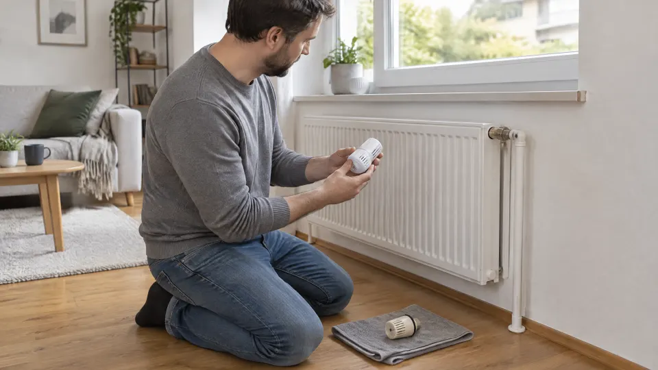 Mann kniet vor einem weißen Flachheizkörper am Fenster und hält einen neuen Thermostatkopf, der alte liegt auf einem grauen Tuch.