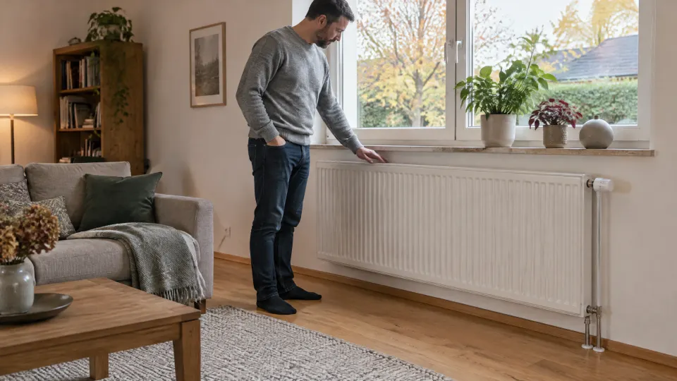 Mann legt die Hand auf einen weißen Flachheizkörper unter dem Fenster, um zu prüfen, ob er warm wird