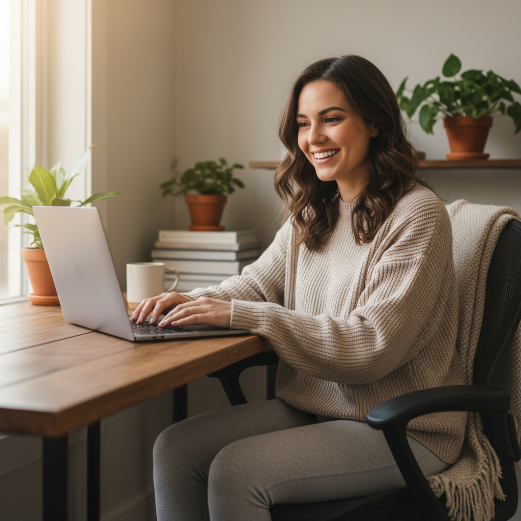 Eine Frau sitzt an Ihrem Laptop und lächelt dabei