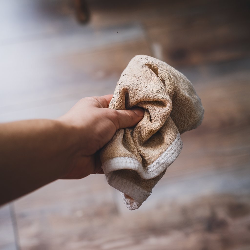 Eine Hand hält einen leicht angefeuchteten Lappen, an dem ganz wenig Staub zu sehen ist, der zuvor abgewischt wurde.