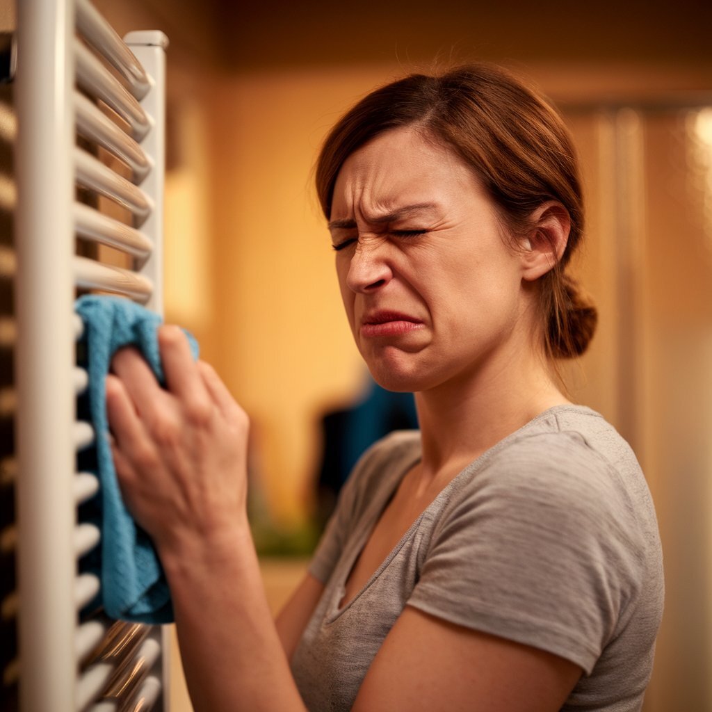 Eine Frau verzieht bei der Heizungsreinigung ihr Gesicht.