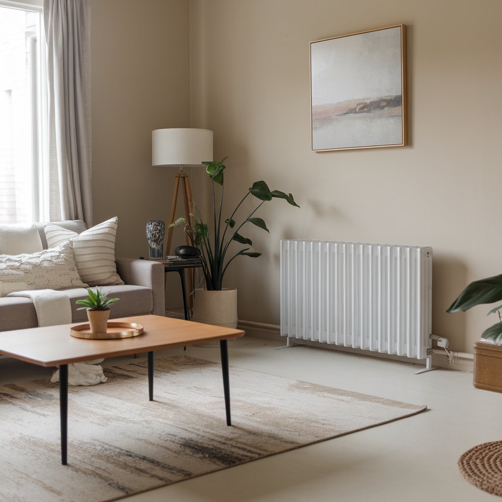 In einem modernen Wohnzimmer ist ein weißer, sehr leicht verstaubter Heizkörper an der Wand montiert.
