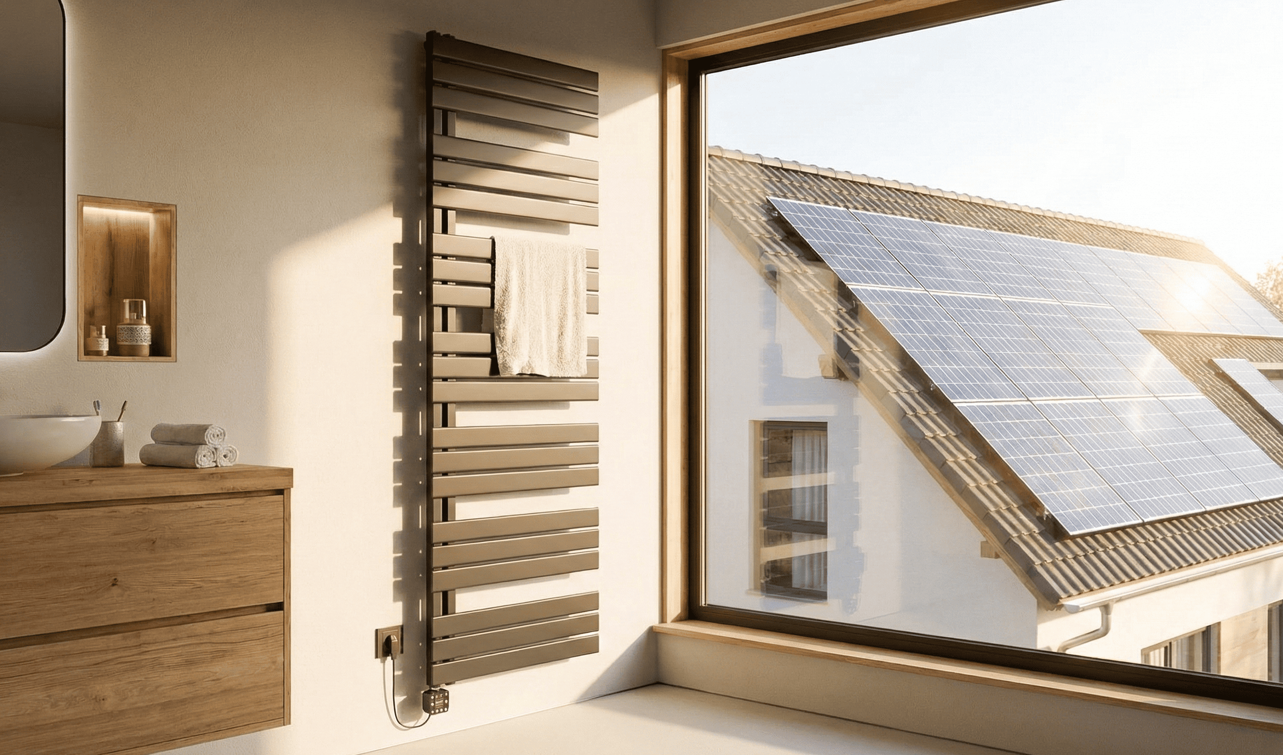 Ein elektrischer Badheizkörper in einem modernen Bad mit sehr großem Fenster, das auf das Nachbarshaus mit einer PV-Anlage auf dem Dach zeigt