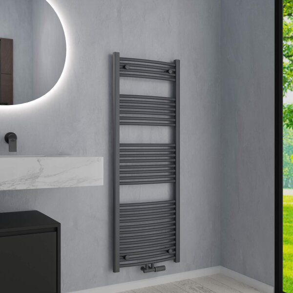 Handtuchheizkörper Badheizkörper ALPIYA Anthrazit Mittelanschluss Gebogen inkl. Thermostat 60 cm 160 cm