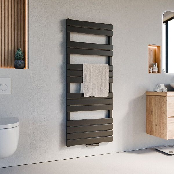 Handtuchheizkörper PANDEMA Schwarz Seiten und Mittelanschluss inkl. Thermostat 60 cm 140 cm