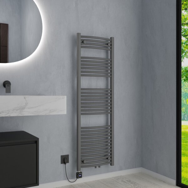 Handtuchheizkörper Mischbetrieb Badheizkörper ALPIYA Anthrazit Mittelanschluss Gebogen inkl. Heizstab und Thermostatventil 50 cm 160 cm