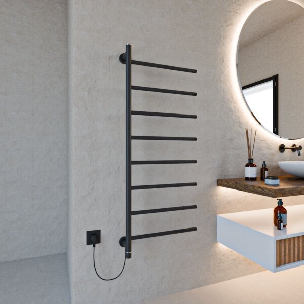 Handtuchwärmer elektrisch PLUG-AND-HEAT seitlich offen Schwarz 50 x 120 cm