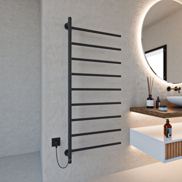 Handtuchwärmer elektrisch PLUG-AND-HEAT seitlich offen Schwarz 60 x 140 cm