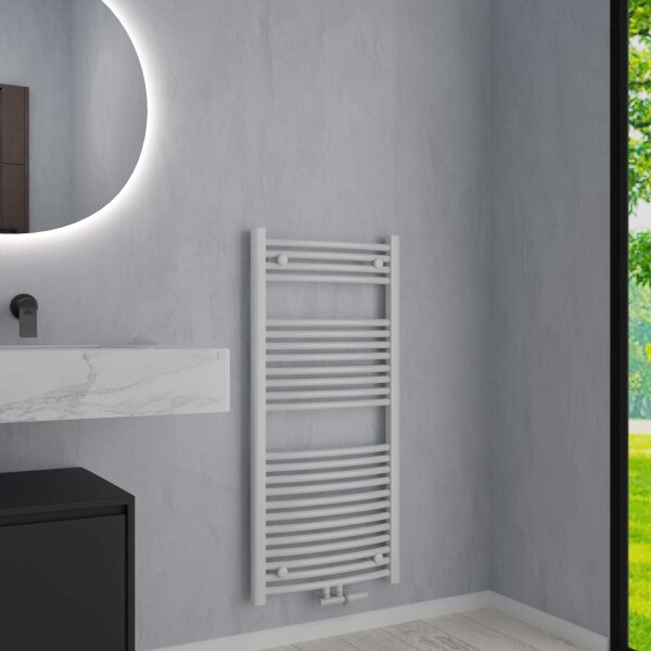 Handtuchheizkörper Badheizkörper ALPIYA Weiß Mittelanschluss inkl. Thermostat 60 cm 120 cm Gebogen