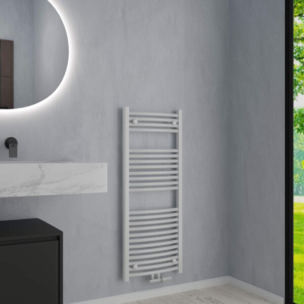 Handtuchheizkörper Badheizkörper ALPIYA Weiß Mittelanschluss inkl. Thermostat 50 cm 120 cm Gebogen
