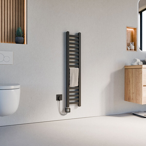 Handtuchheizkörper elektrisch LUMIRA Schwarz inkl. Heizstab SMART und Glykol 20 cm 100 cm