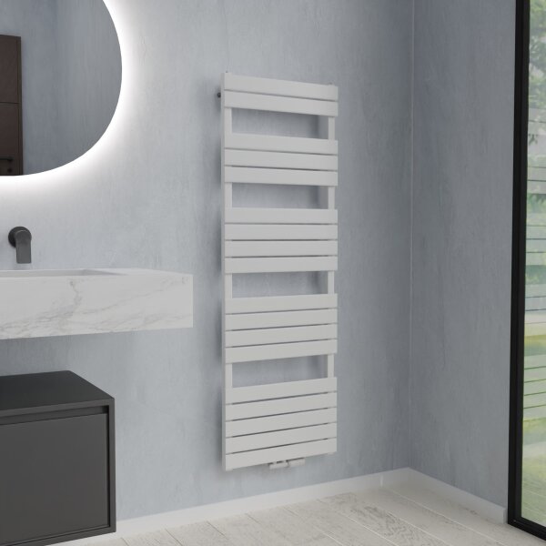 Handtuchheizkörper Mischbetrieb PANDEMA Weiß Mittel- und Seitenanschluss inkl. Heizstab ESSENTIAL und Thermostat 60 cm 180 cm