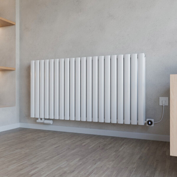 Design Flachheizkörper Paneelheizkörper TAYLOR Horizontal Doppellagig Weiß inkl. Heizstab und Thermostatventil 120 x 60 cm