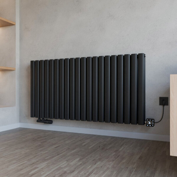 Design Flachheizkörper Paneelheizkörper TAYLOR Horizontal Doppellagig Schwarz inkl. Heizstab SMART und Thermostatventil 120 x 60 cm