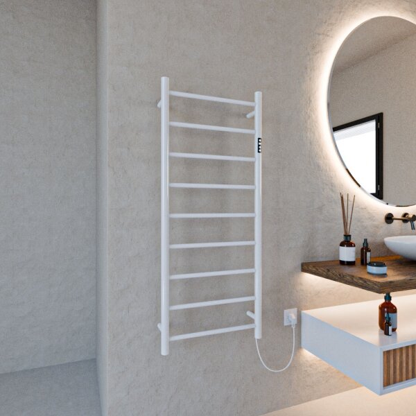SALE Handtuchwärmer elektrisch PLUG-AND-HEAT mit runden Rohren Weiß 50 x 120 cm